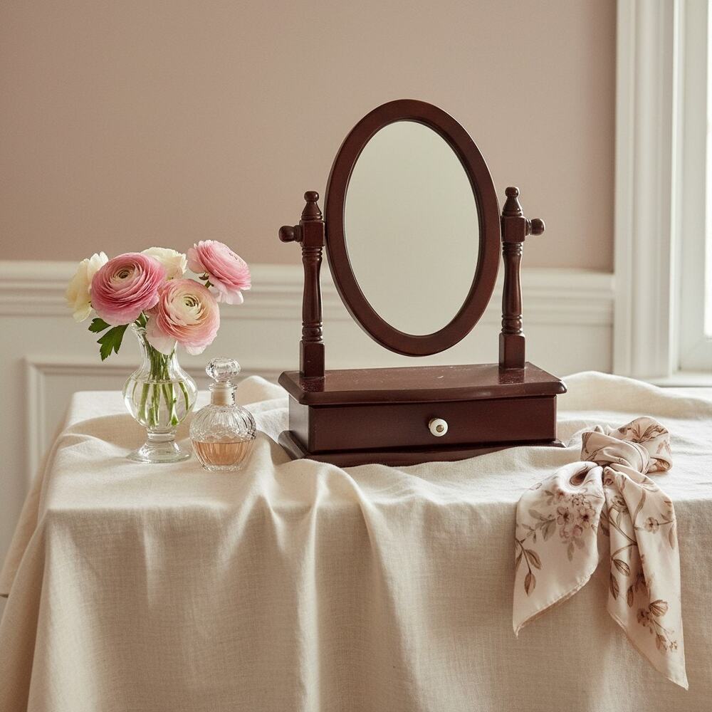 Vintage Style Vanity Mirror w Drawer-Traditional Tabletop-Mahogany Tone-Classic - Picture 3 of 10